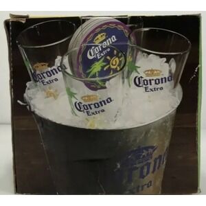 Corona Extra 19 pc. Gift Set Ice Bucket (4) 8oz. Pub Glasses, (14) Coasters Bar